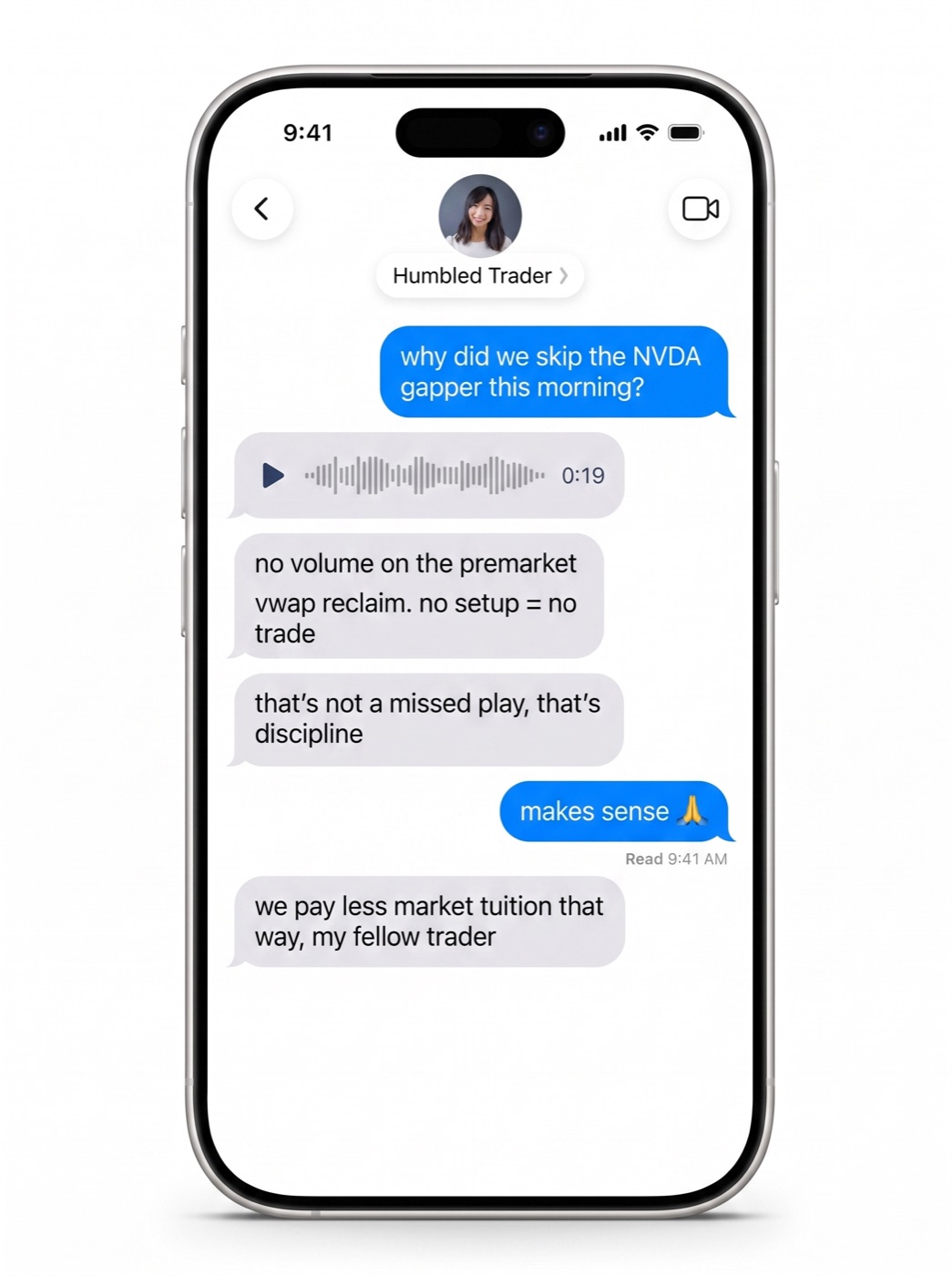 Humbled Trader replies with a voice note after a member’s TradeZella export
